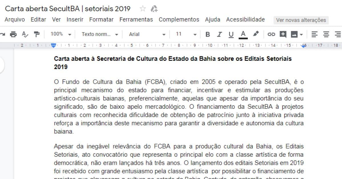 Em carta aberta à Secult, artistas e produtores questionam Editais Setoriais