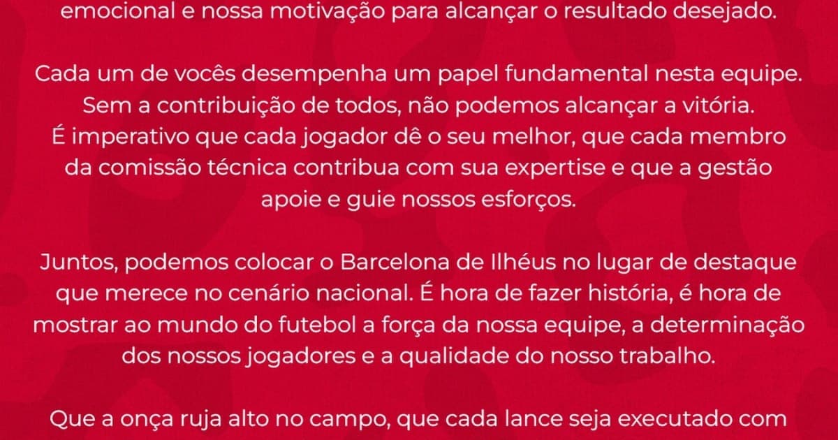 Buscando classificação histórica às semifinais do Baianão, Barcelona de Ilhéus publica "carta aberta" ao elenco