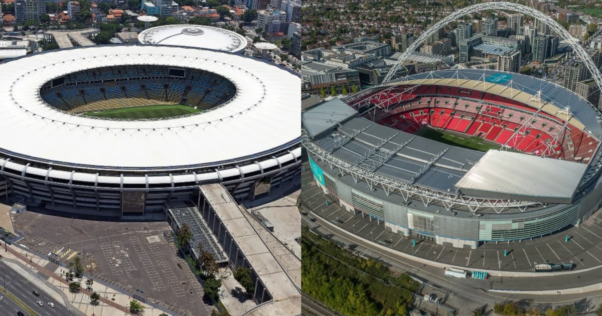 Montagem com o estádio do Maracanã ao lado do estádio de Wembley