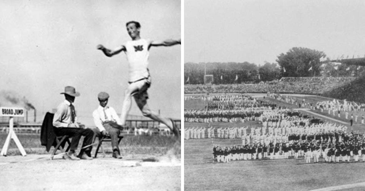 à esquerda foto dos jogos olímpicos de 1900, à direita a abertura dos jogos de 1924