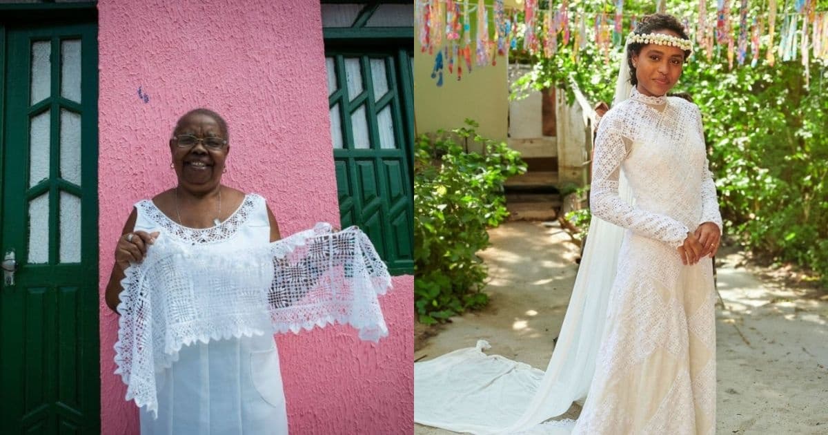 Protagonista de Renascer usa vestido de casamento desenhado por rendeira e artesã de Saubara 