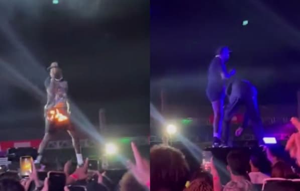 VÍDEO: Djonga fica de cueca no palco após short pegar fogo com efeito pirotécnico