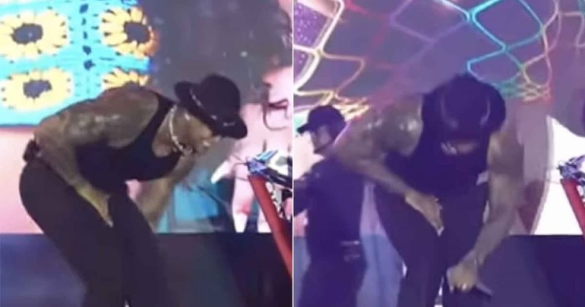 VÍDEO: Léo Santana é atingido por celular nas partes íntimas durante show e brinca com o momento 