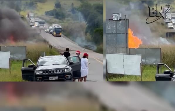 Carreta pega fogo em trecho da BR-101 do Recôncavo baiano no começo da tarde desta quinta