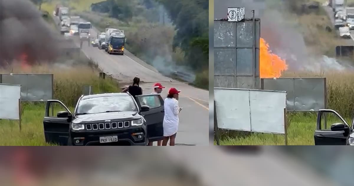 Carreta pega fogo em trecho da BR-101 do Recôncavo baiano no começo da tarde desta quinta