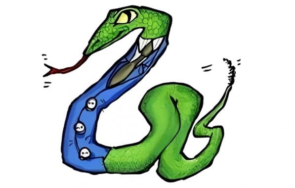 Ilustração de uma cobra verde vestindo um elegante terno azul, gravata escura e língua para fora