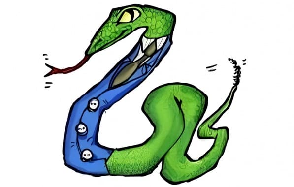 Ilustração de uma cobra verde vestindo um elegante terno azul, gravata escura e língua para fora