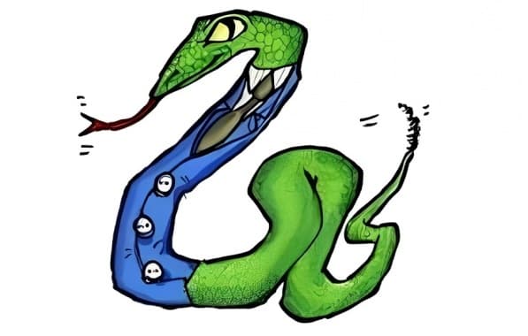 Ilustração de uma cobra verde vestindo um elegante terno azul, gravata escura e língua para fora