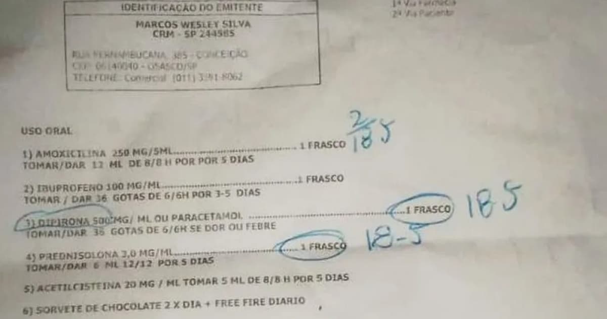 Médico receita sorvete de chocolate e jogo 'Free Fire' para criança com sintomas gripais