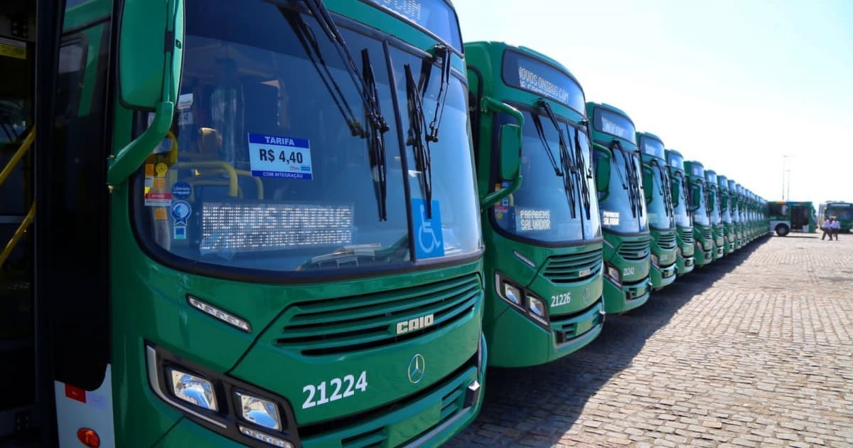 ônibus verdes em linha, estacionados e com ar condicionados