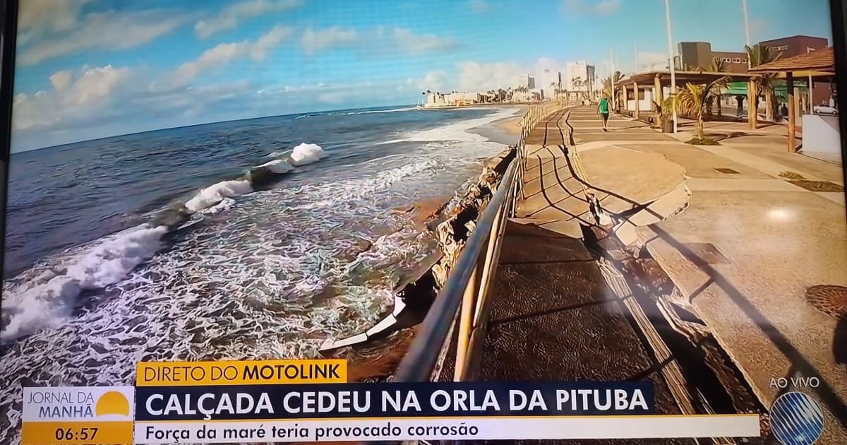 Piso do calçadão da Orla da Pituba cede com a maré alta 