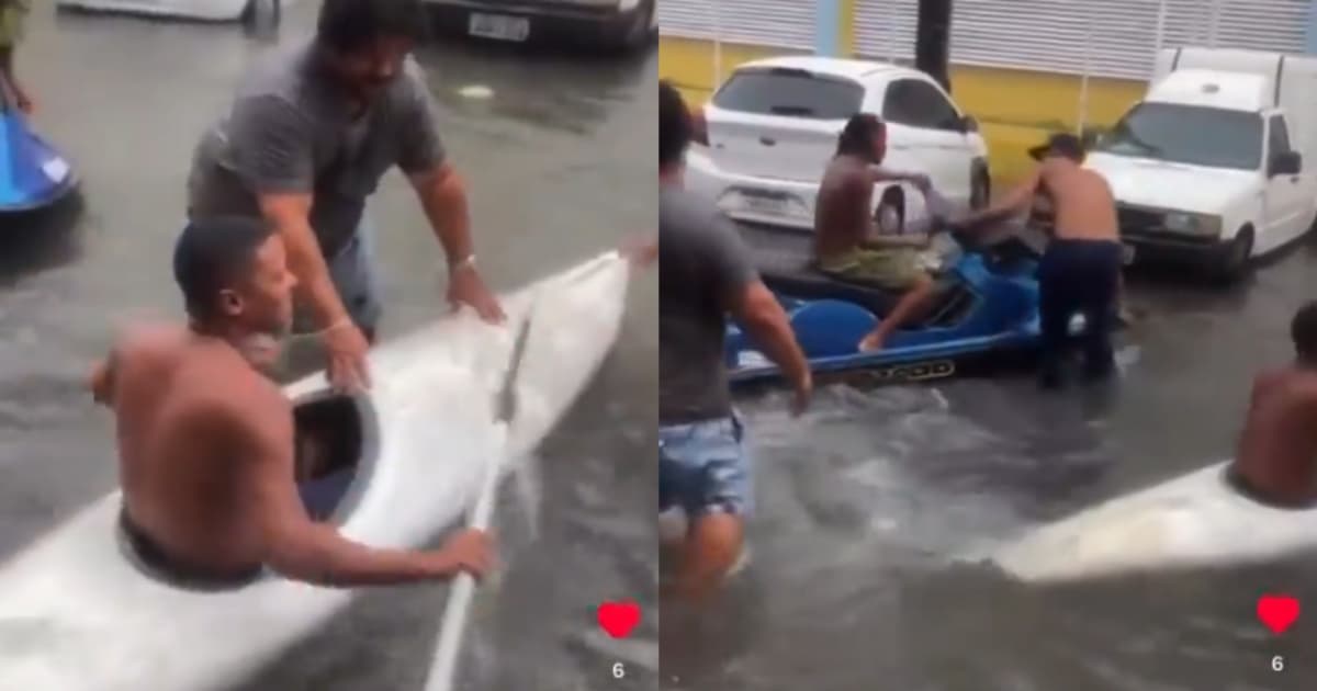 VÍDEO: De canoa e moto aquática, moradores se divertem em ruas alagadas no bairro do Uruguai