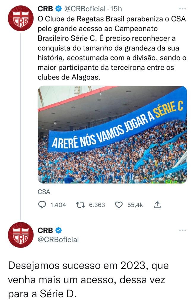 CRB parabeniza o rival CSA pelo 'acesso à Série C': 'Desejamos